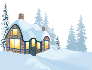 a winter cottage with snow and trees